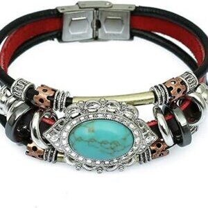 Boho Leather Bracelet Multilayer Genuine Leather Band Turquoise Southwestern